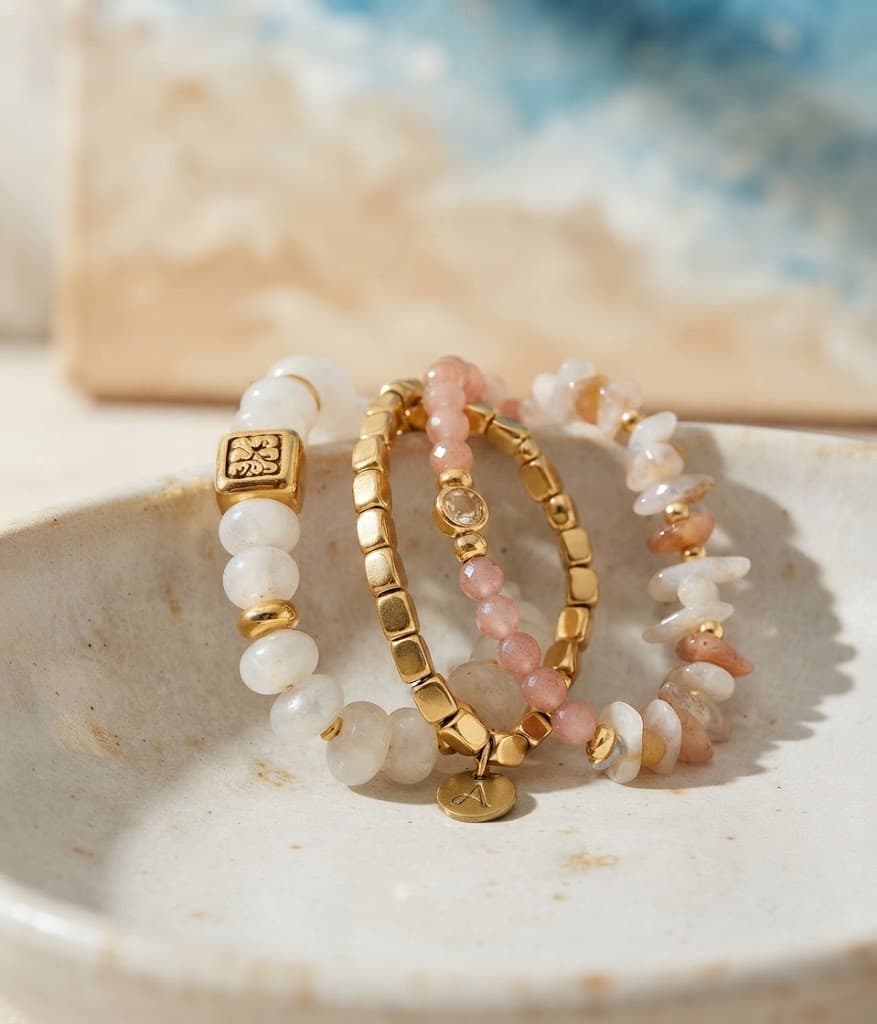 Drie elegante armbanden met parelmoer en roze kralen, goudkleurige accenten op een beige keramisch schaaltje