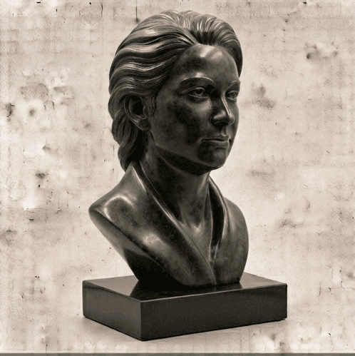 Een zwart bronzen buste van een man op een donkere sokkel tegen een witte betegelde muur.