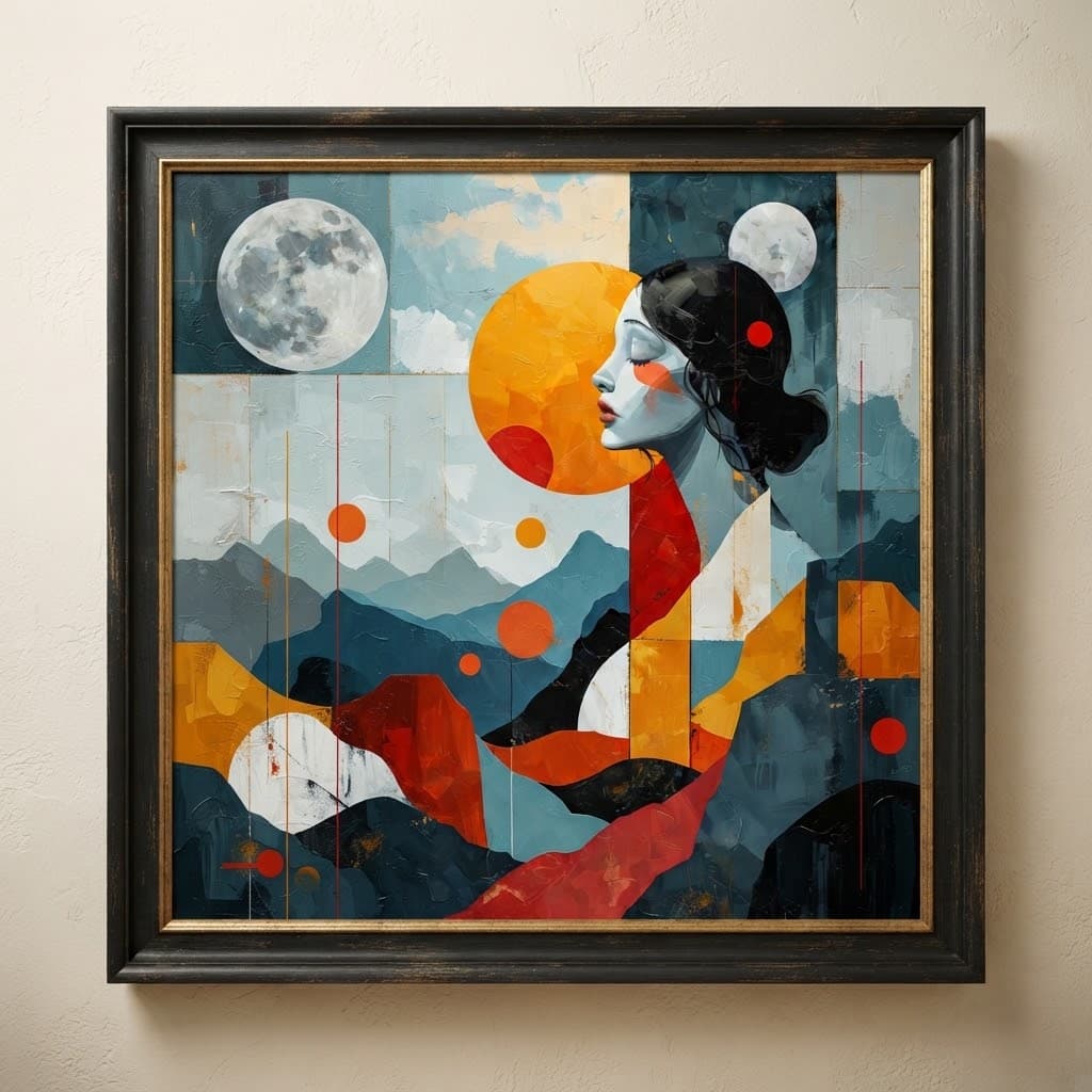 Abstract schilderij met vrouwenprofiel, twee manen en bergen in blauw, oranje en rood, in een zwarte houten lijst